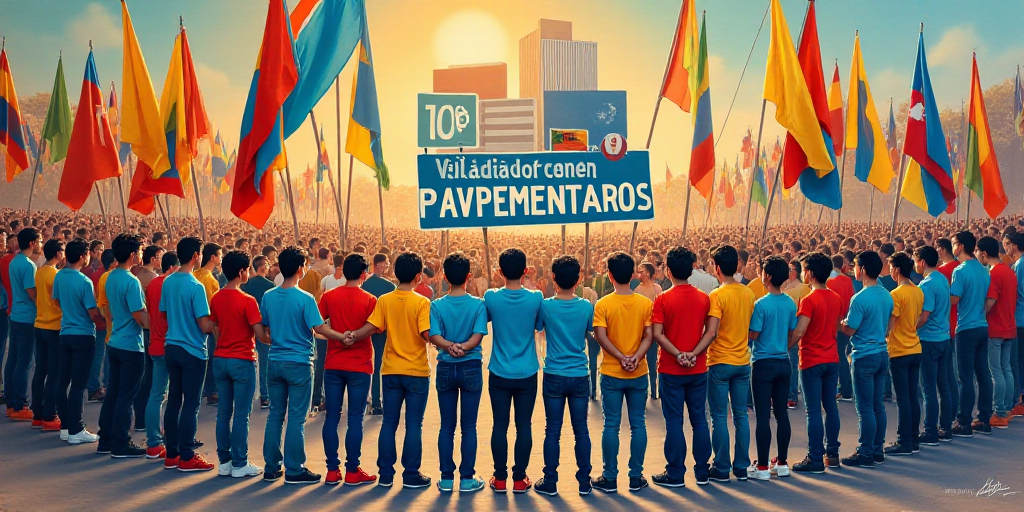 a group of people standing around each other holding flags and banners in front of a sign that reads