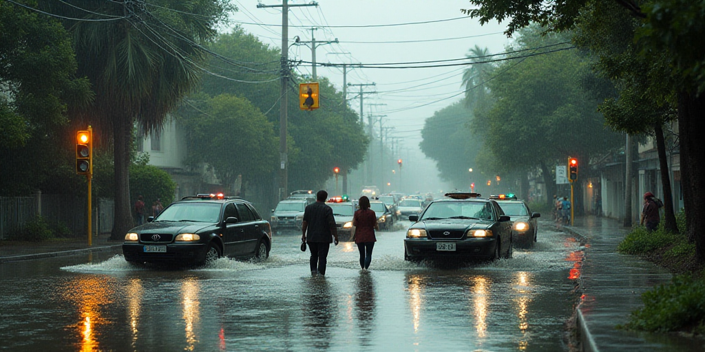a group of people standing around a flooded street with cars in it and a yellow traffic light above