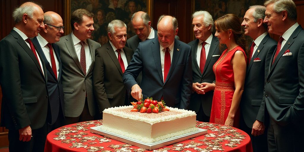a group of people standing around a cake on a table with a man in a suit and tie cutting it, Carl Gu