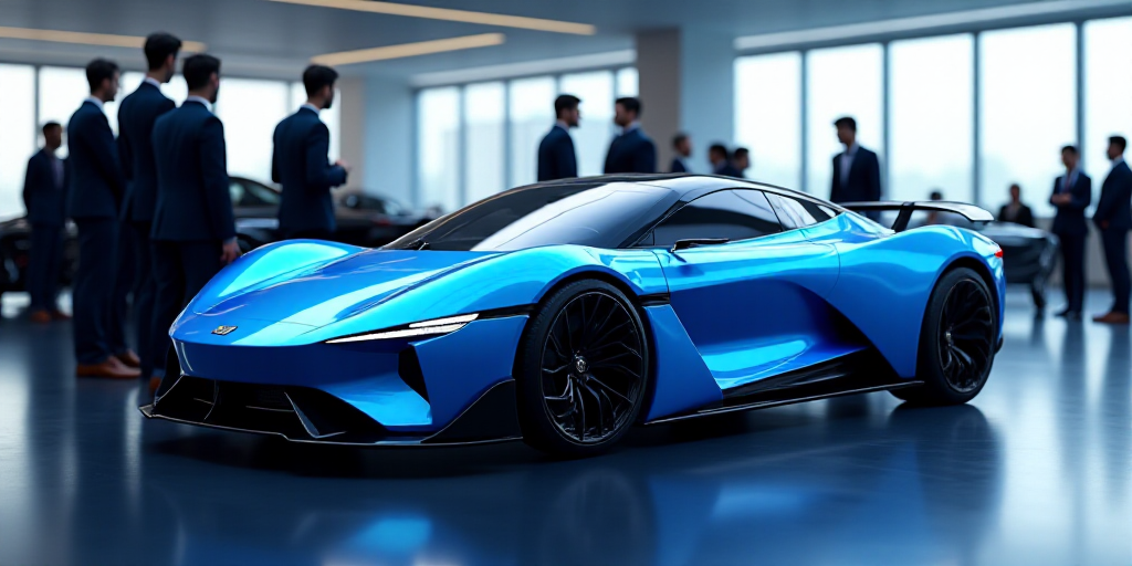 a group of people standing around a blue sports car in a showroom with a man looking at it, Fan Qi,