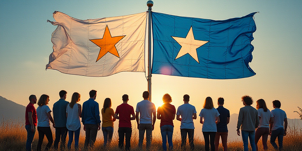a group of people standing around a flag with a star on it's side and a blue flag with a white star
