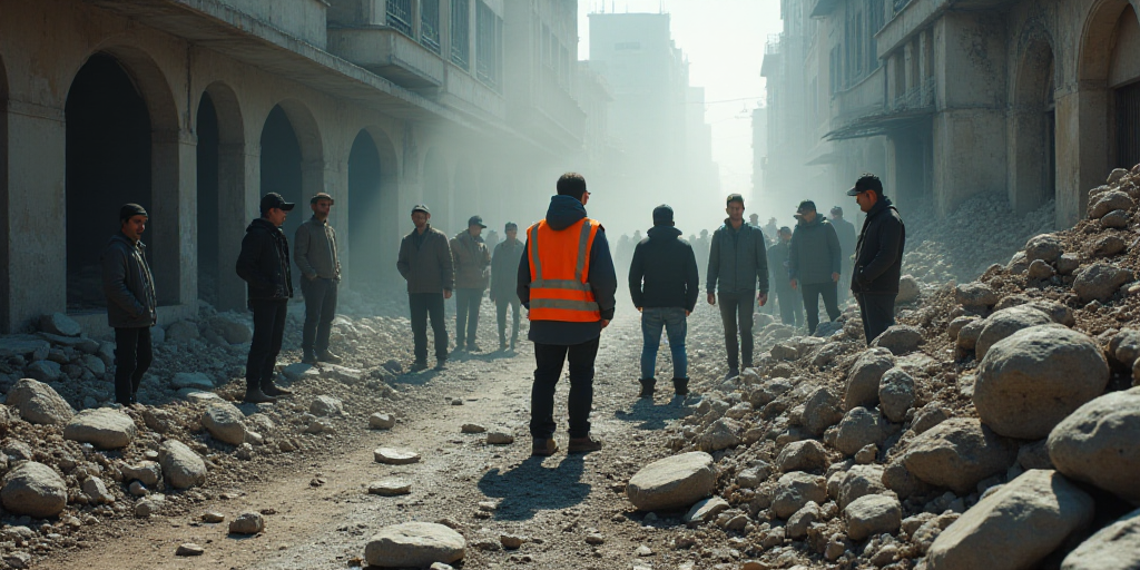 a group of people standing around a pile of rubble and rocks with a man in a safety vest standing ne
