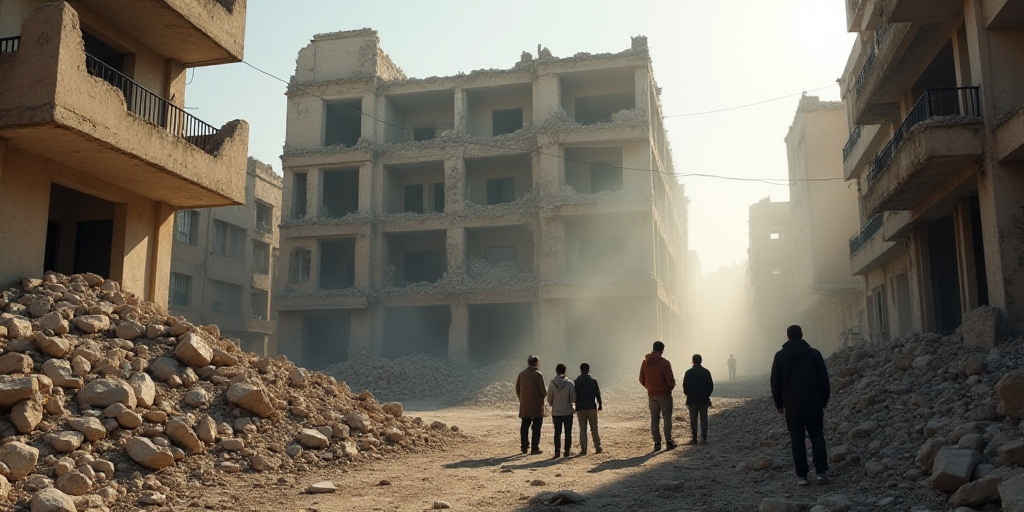 a group of people standing around a building that has been destroyed in a city with a lot of rubble,