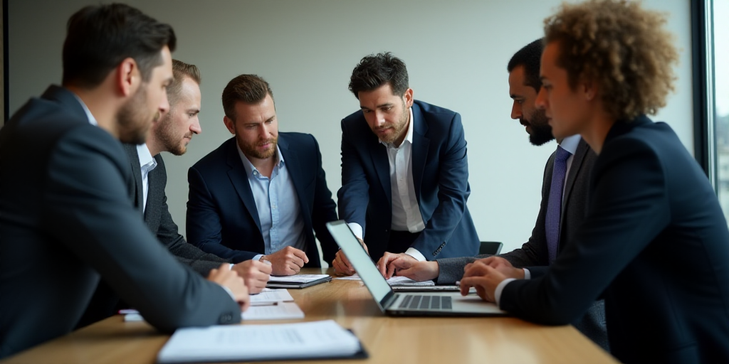 a group of people standing around a table with a laptop computer on it and a man in a suit pointing