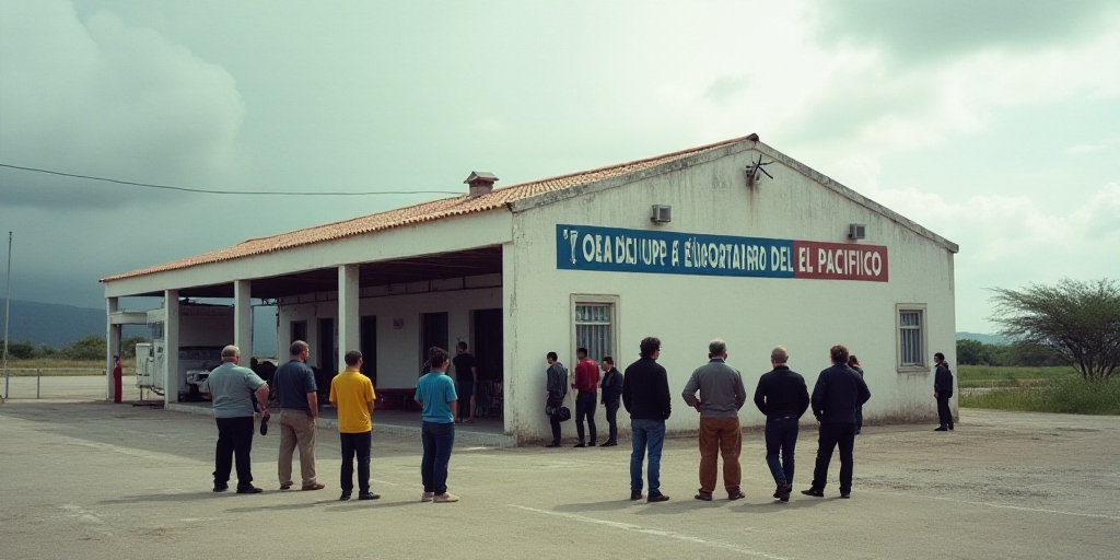 a group of people standing around a building with a sign on it that says grupo aeroportuario del pac