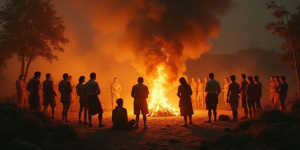 a group of people standing around a fire with a lot of flames in the background and people standing