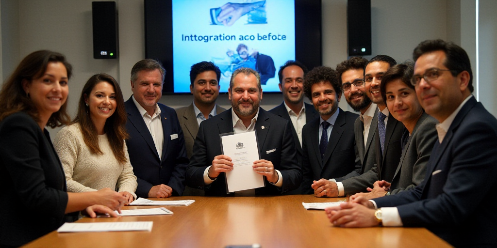 a group of people standing around a table holding papers and posing for a picture with a tv in the b