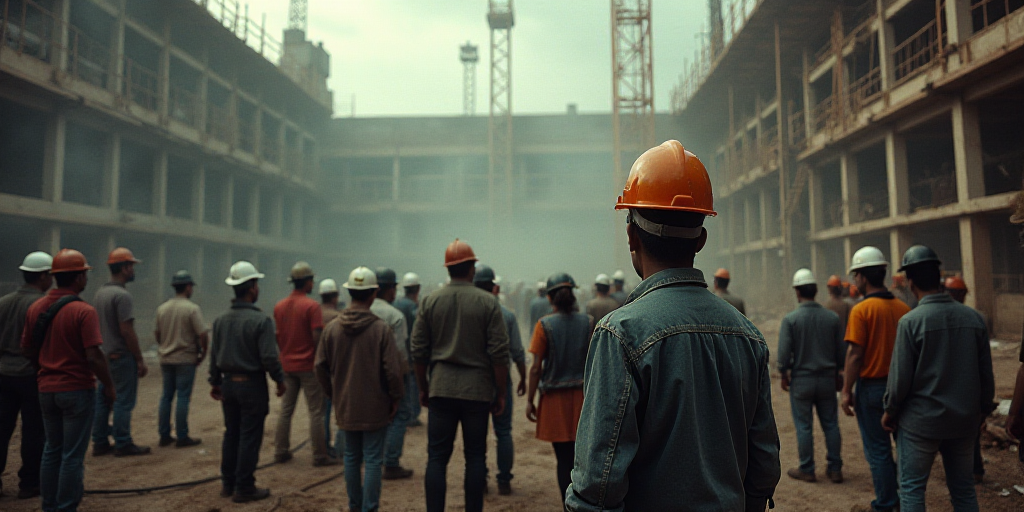 a group of people standing around each other in front of a building under construction with a man in