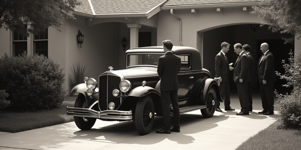 a group of people standing around a car in a driveway next to a house and trees and bushes and a man