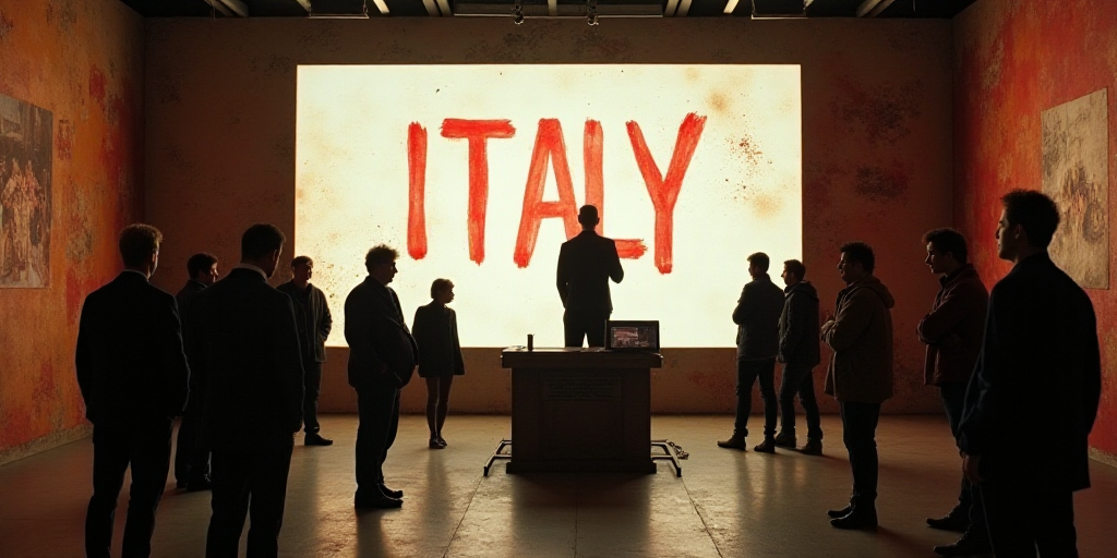 a group of people standing around a terminal with a large screen above them that says italy on it's