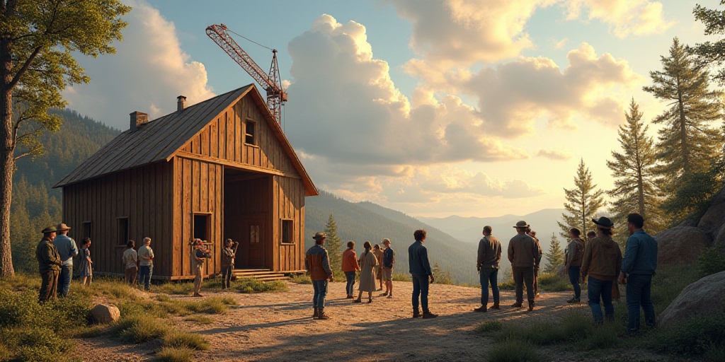 a group of people standing around a wooden structure with a crane in the background and a man holdin