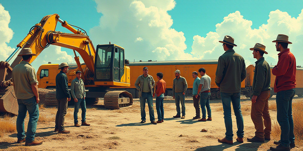 a group of people standing around a construction site with a bulldozer in the background and a train
