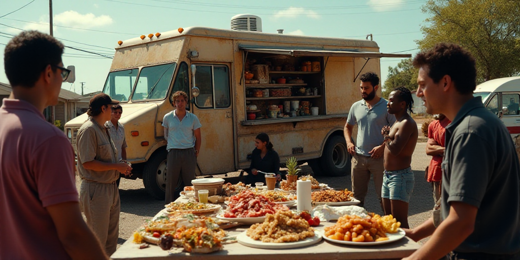 a group of people standing around a table with food on it and a truck in the background with a lot o
