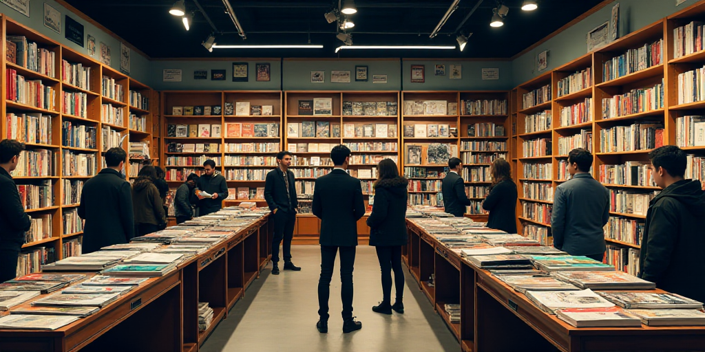 a group of people standing around a book store filled with books and magazines on tables and a ceili