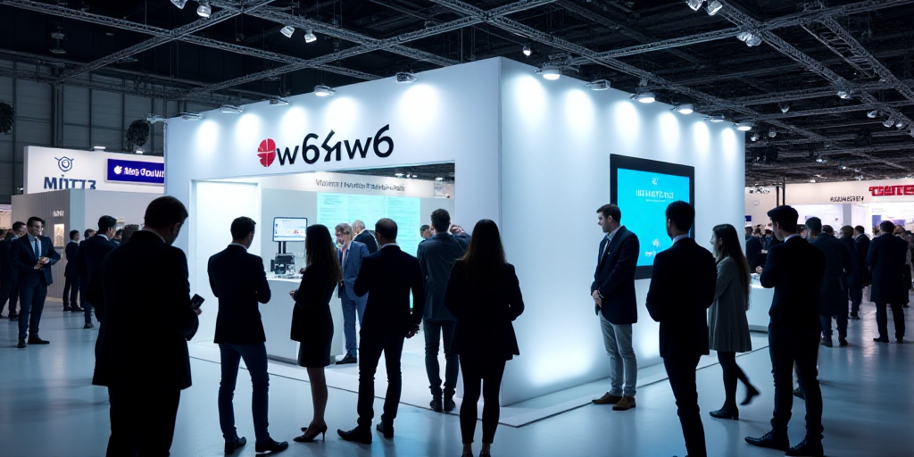 a group of people standing around a booth at a trade show with a sign that says aw6w6, Ai-Mitsu, in-