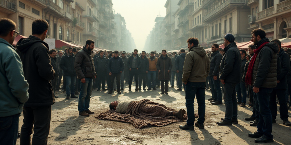 a group of people standing around a man laying on a blanket on the ground in a crowded area of a cit