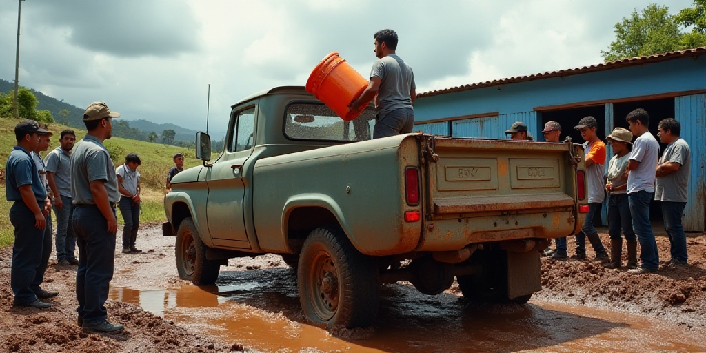 a group of people standing around a truck in the mud with a man in the back of it holding a large or