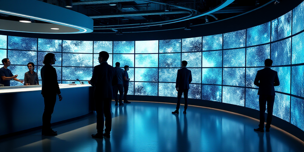 a group of people standing around a counter with lots of monitors on it's walls and a man walking by