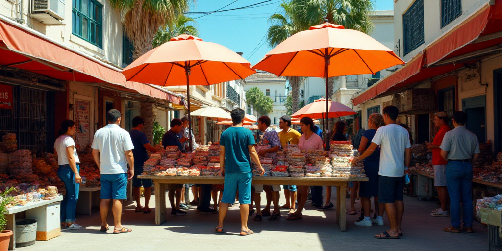 a group of people standing around a market area with a table and umbrellas on it and a lot of mercha
