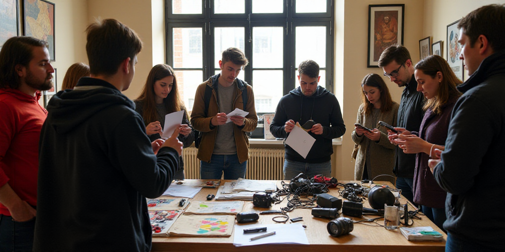 a group of people standing around a room with a bunch of different items in it and a person holding
