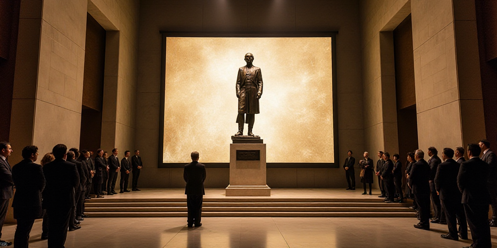 a group of people standing around a podium in front of a screen with a statue on it and a plaque, Da