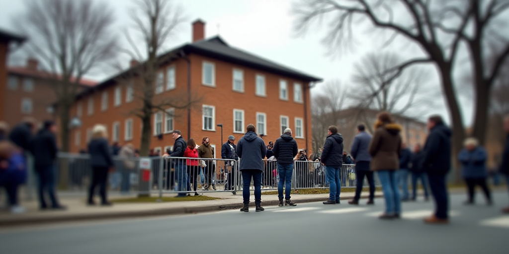 a group of people standing around a barricade on a street corner with a building in the background,
