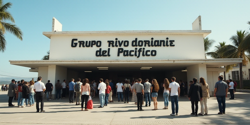 a group of people standing around a building with a sign on it that says grupo aeroportuario del pac