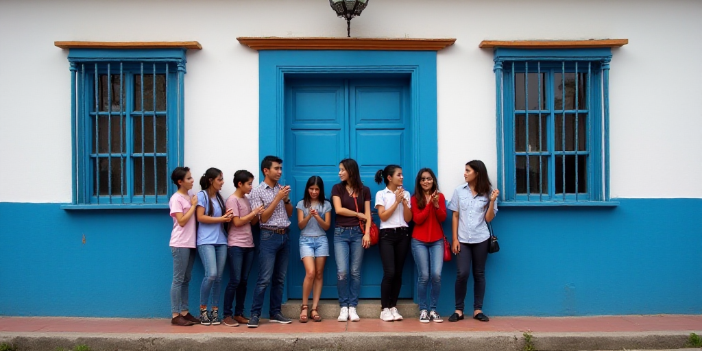 a group of people standing around a building with a blue door and a window on the side of the buildi