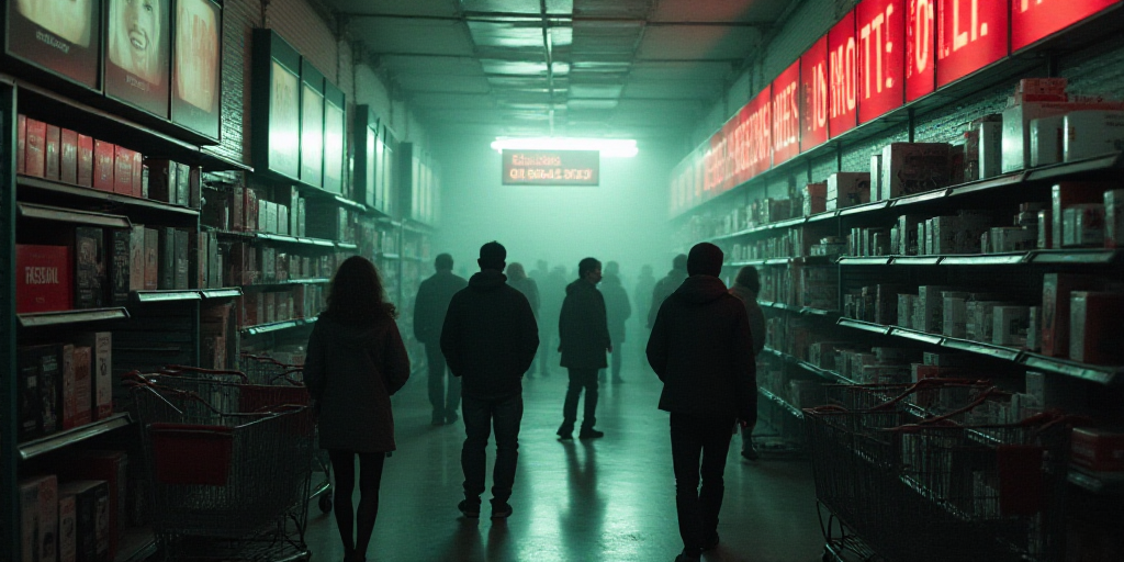 a group of people standing around a store filled with items and electronics and shopping carts with