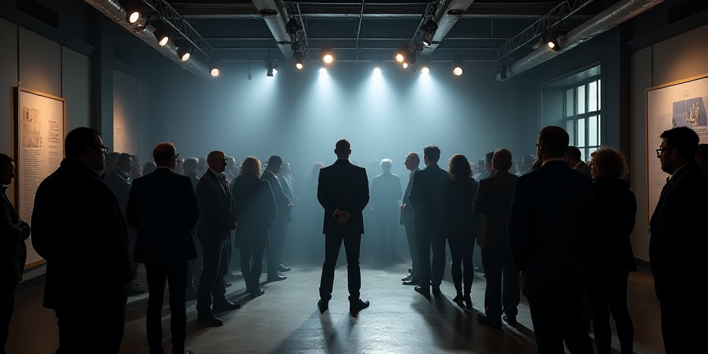 a group of people standing around a room with a lot of lights on it and a man in a suit, Dahlov Ipca