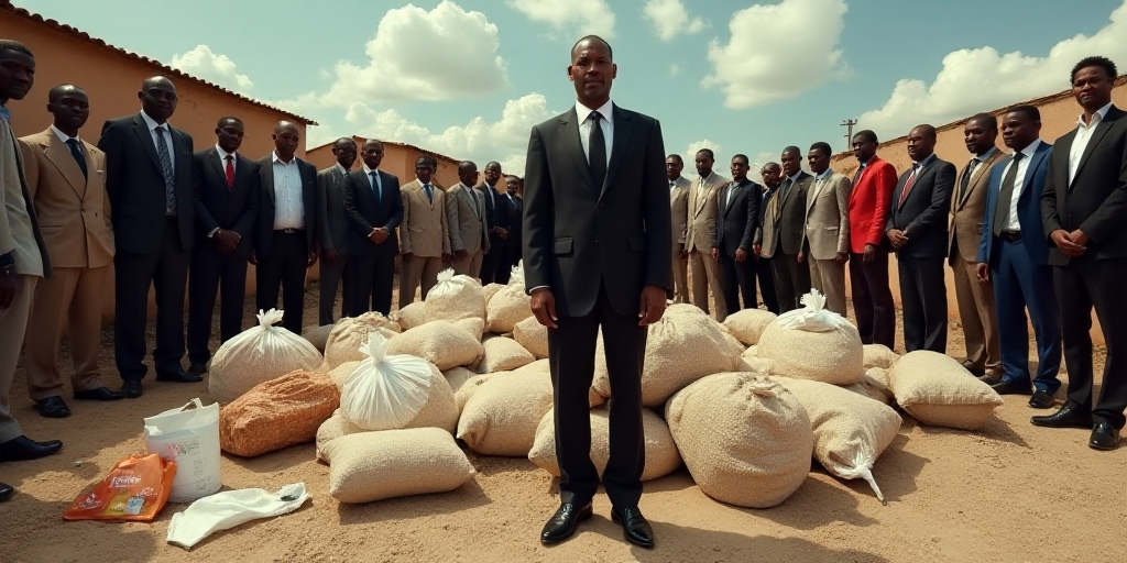 a group of people standing around a pile of bags of food and sand bags on the ground and a man in a