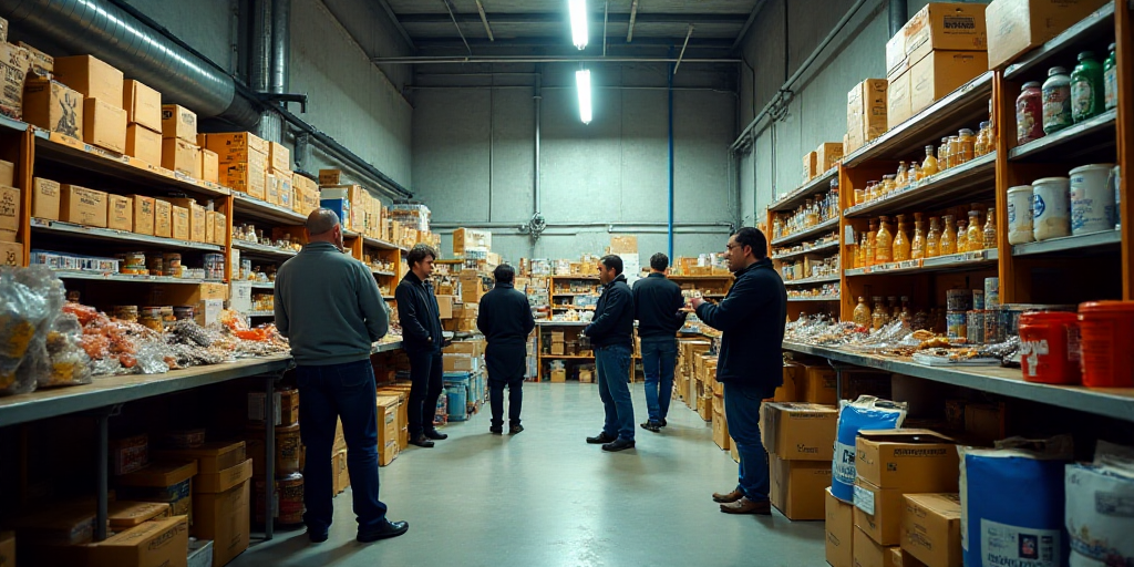 a group of people standing around a store filled with items and supplies for sale on the shelves and