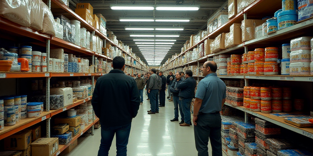 a group of people standing around a store filled with items and supplies for sale on the shelves and