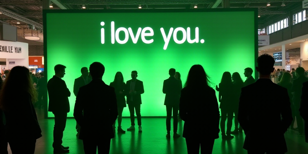 a group of people standing around a booth at a convention or expo area with a sign that says'i love