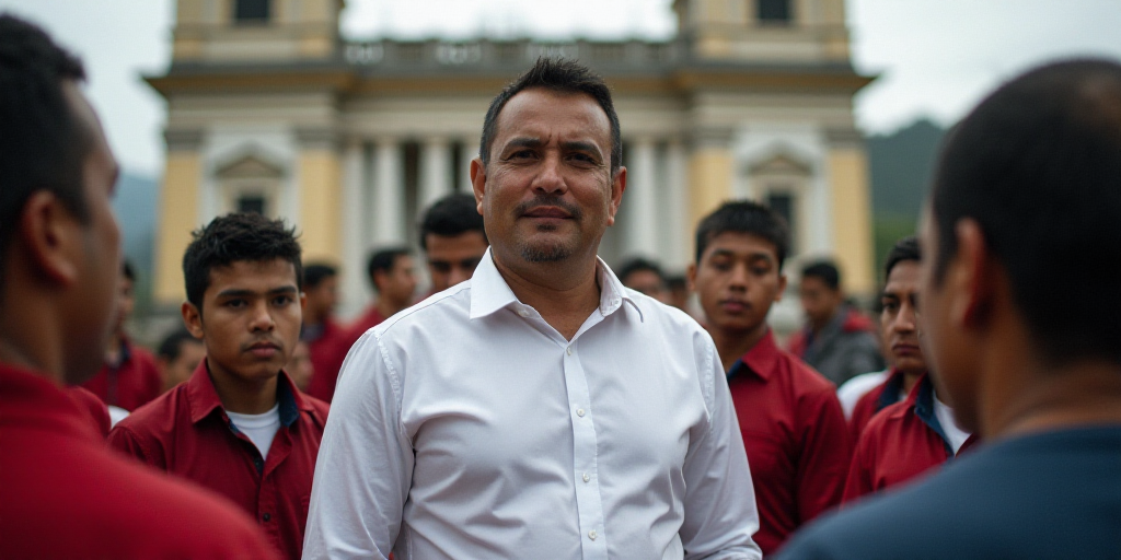 a group of people standing around each other in front of a building with a man in a white shirt, Car