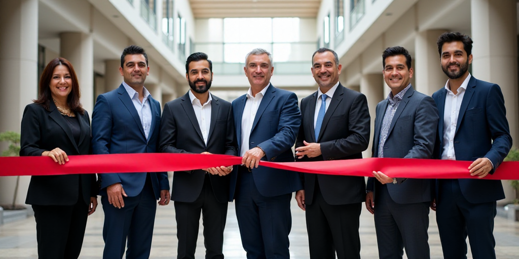 a group of people standing behind a ribbon cutting a ribbon at a ribbon cutting ceremony for a new c