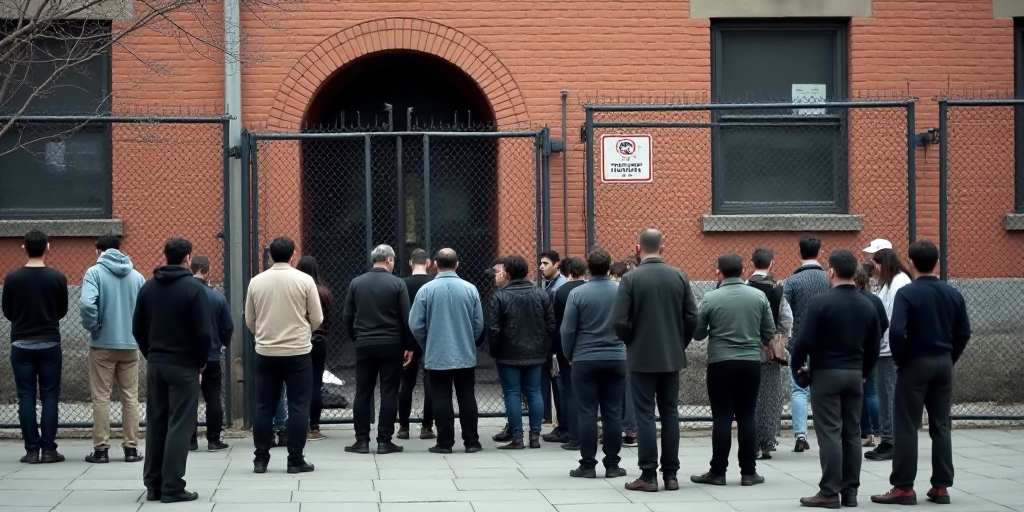a group of people standing in front of a brick building with a metal fence around them and a sign th