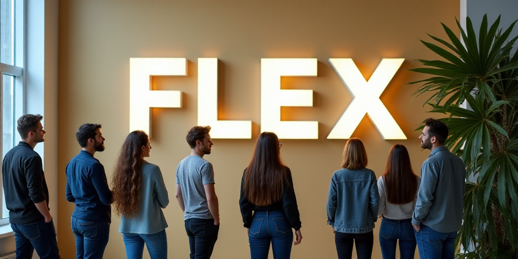 a group of people standing in front of a sign that says flex on it and a plant in the background, Fl