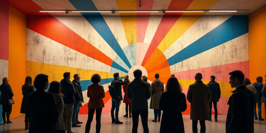 a group of people standing in front of a wall with a colorful pattern on it and a person pointing at