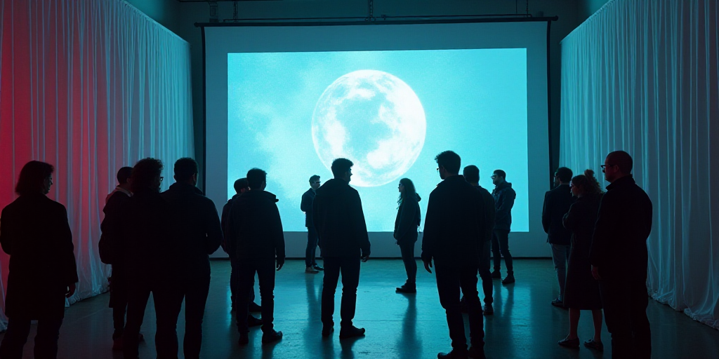 a group of people standing in front of a projector screen in a room with curtains on the wall, Carlo