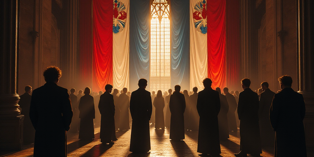 a group of people standing in front of flags in a room with columns and a flag on the wall, Bourgeoi