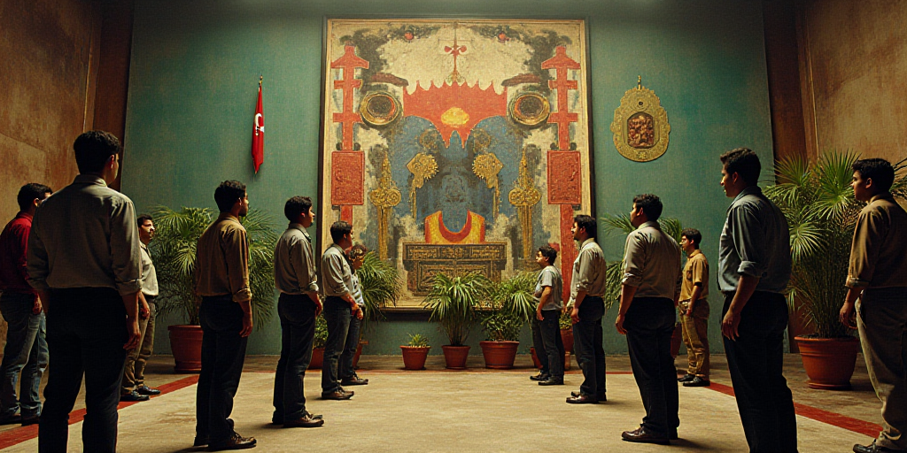 a group of people standing in front of a sign in a room with a lot of plants and a flag, David Alfar