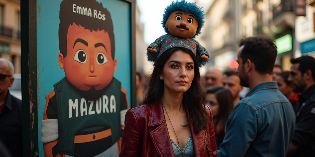 a group of people standing in front of a sign with a mascot on it's face and a man in a costume on h