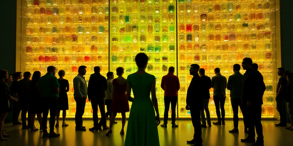 a group of people standing in front of a large display of bottles of liquid and a woman in a green d