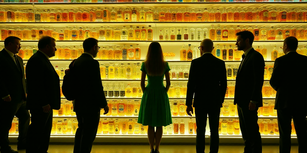 a group of people standing in front of a large display of bottles of liquid and a woman in a green d