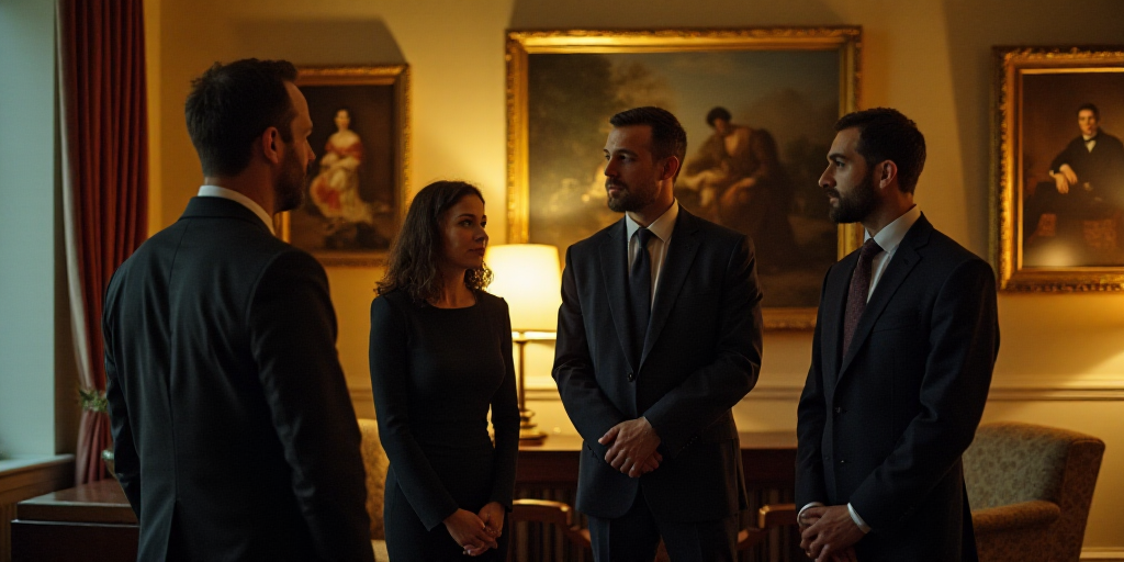 a group of people standing in a room with a lamp on the table and paintings on the wall behind them,