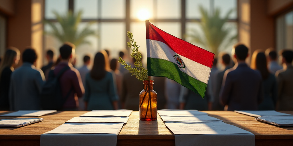 a group of people standing in front of a table with papers and a vase on it with a flag on it, Estua