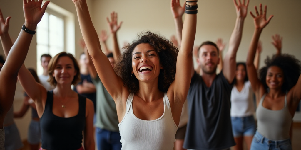 a group of people standing in a room together with their hands up in the air and smiling at the came