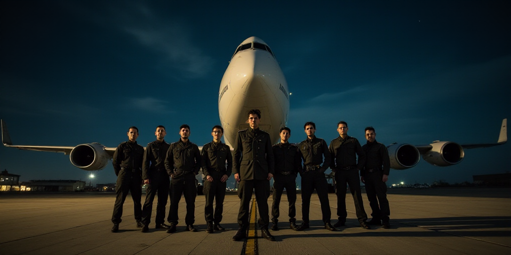 a group of people standing in front of a plane at night time with a group of men in military uniform