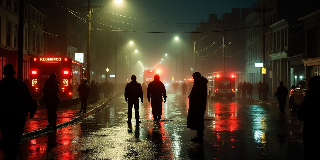 a group of people standing in a flooded street at night with a fireman in the middle of the street,